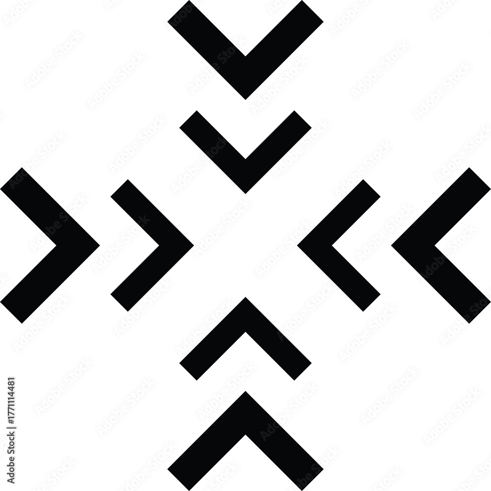 Obraz premium Abstract Geometric Black Arrow Shapes Pointing Towards Center on Transparent Background Minimalist Design Element