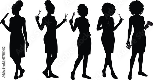 Hairstylist silhouettes with scissors, combs, hairdryer, professional barber tools, salon workers, beauty industry, fashion styling, modern haircut design, teamwork, creativity