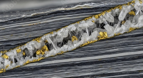 Captivating geological cross-section showcasing a rich vein of raw gold embedded within shimmering crystalline quartz, highlighting earth's natural mineral wealth and scientific discovery