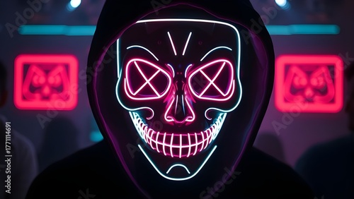 A glowing blue neon sign of a scary skull and crossbones makes a vibrant horror symbol