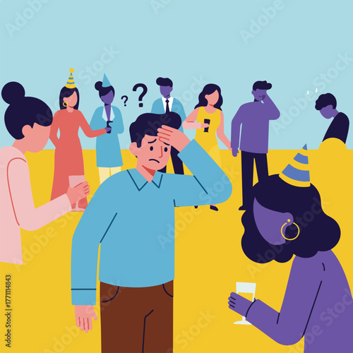 Cartoon illustration of a party with several people looking stressed and confused, some with drinks