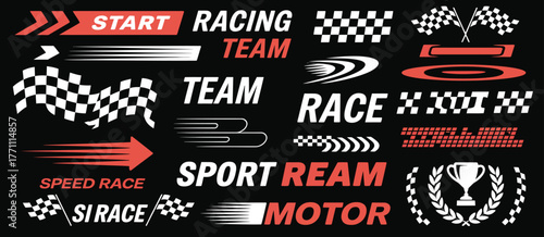 Racing Sport Car Stickers and Line Decals Vector Set – Checkered pattern stripes, auto art designs, and racing label graphics perfect for vehicle wraps, motorsport branding, and tuning projects.