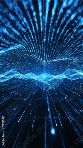 Abstract digital landscape animation with glowing particles and lines