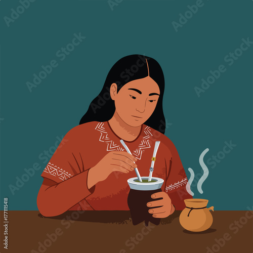 An illustrated woman is seen preparing a drink in a traditional vessel. A smaller pot steams nearby