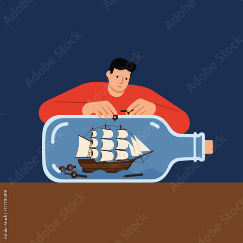 A person crafts a ship inside a bottle, using keys. Symbolic of creativity, skill, and enclosed potential