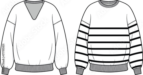 Fashion sweater technical flat sketch, vector garment illustration, striped crewneck pullover, V neck sweater design, apparel template, clothing specification drawing, knitwear fashion design