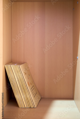 Single Book Leaning in Empty Wooden Shelf