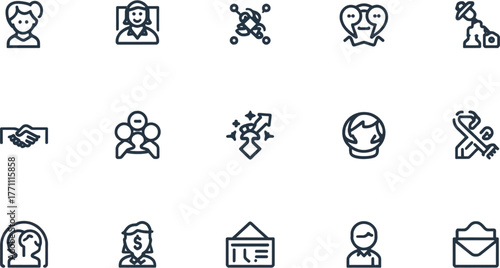 Collection of various business and social icons. These outline illustrations represent concepts such as teamwork, communication, and financial success.