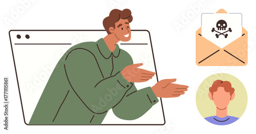 Person emerging from a browser window gestures toward a malware email icon and user avatar. Ideal for cybersecurity, internet scams, online threats, phishing, digital safety, hacking, simple flat