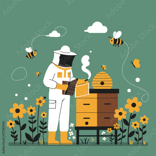 A beekeeper in protective suit works with beehives, smoke rising. Bees and flowers surround the scene