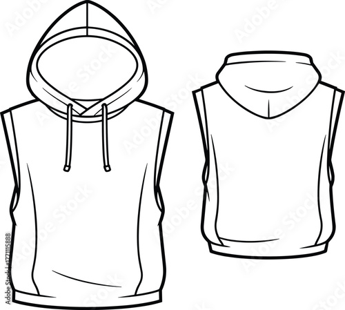 sleeveless hoodie fashion template, technical flat sketch apparel design, front and back view garment illustration, vector clothing outline, sportswear drawing, unisex casual wear