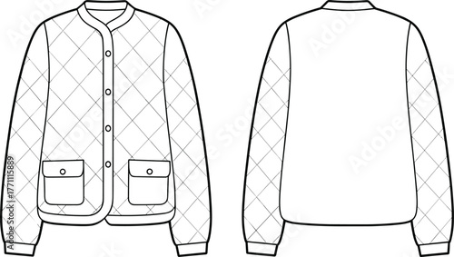 Quilted jacket technical flat sketch, front and back view fashion template, diamond pattern coat design, button closure outerwear illustration, apparel drawing for garment manufacturing