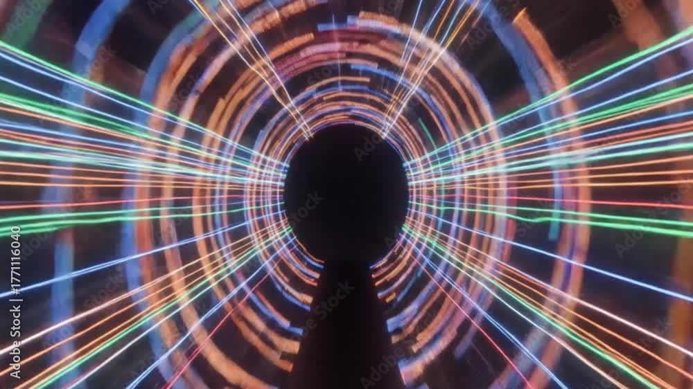 Tunnel of vibrant concentric light rings and parallel lines converging towards a dark opening with a central dark pointed structure extending from the foreground