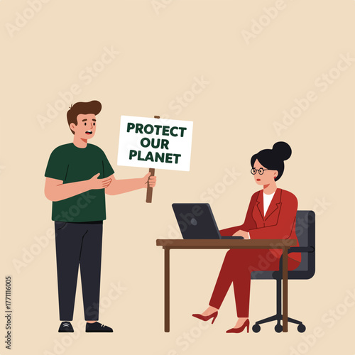 Illustration depicts a person holding a "Protect Our Planet" sign, talking to a businesswoman at a desk