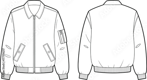Technical flat sketch jacket, fashion apparel template, bomber jacket design, front and back view, ribbed cuffs waistband, zip closure, sleeve pocket, garment construction illustration