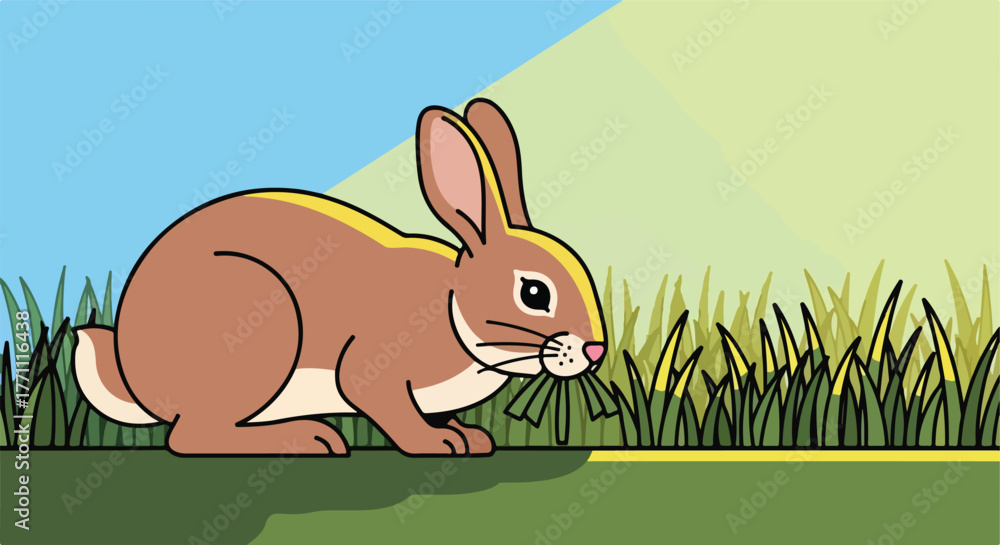 Fototapeta premium Cartoon bunny eating grass in a field
