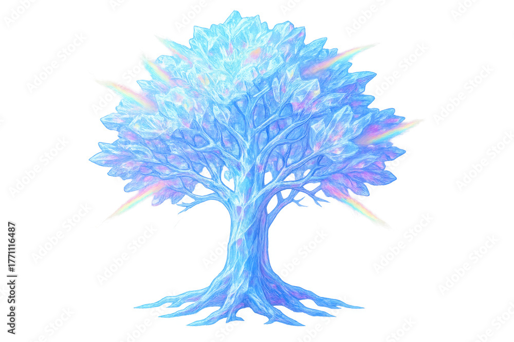 Naklejka premium Fantasy ice crystal tree glowing with iridescent light, drawing magical elements, transparent background