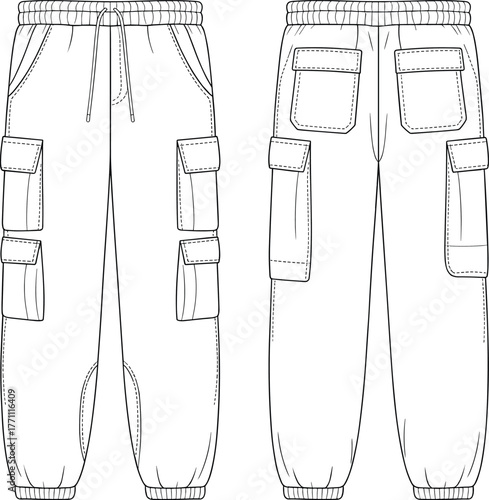 Cargo pants technical flat sketch, fashion design template, front and back view, elastic waistband, drawstring, multiple pockets, elastic cuffs, garment construction blueprint illustration