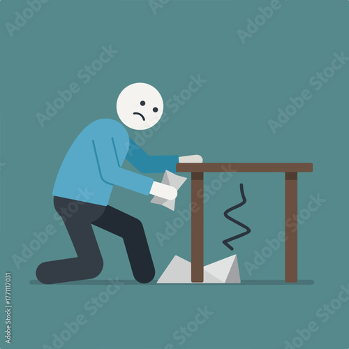 A stick figure kneels with a slumped expression, holding papers near a broken table. Broken leg and angled line
