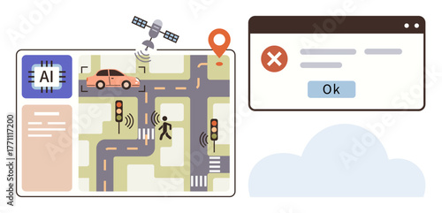 AI interface monitors smart road, sensors, satellite, pedestrians, car, alerts via pop-up. Ideal for tech, innovation, traffic management automation transportation urban systems simple flat