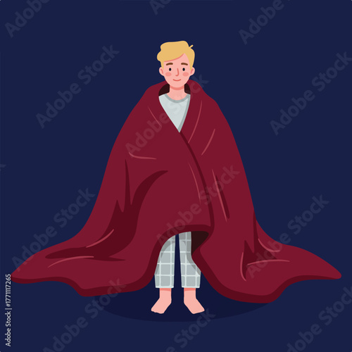 A cartoon person, wrapped in a large maroon blanket, stands centered on a dark blue background
