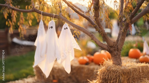 Spooky Specters of Halloween: Two charming, handmade ghost decorations suspended from a tree, evoking the eerie spirit of Halloween, with pumpkins and hay bales subtly completing the autumn scene.