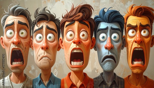 Five cartoon-style men displaying various expressions of shock and surprise