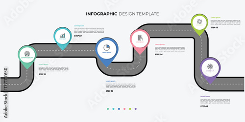 6 process infographic journey arrows design template. Planning, Marketing, Strategy and Business presentation.