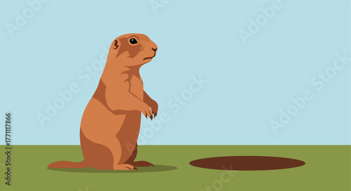 Groundhog standing near its burrow