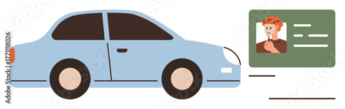 Blue car alongside a drivers ID card featuring photo and personal details. Ideal for transportation, travel, car rental, identification, licensing, security, digital applications. Simple flat