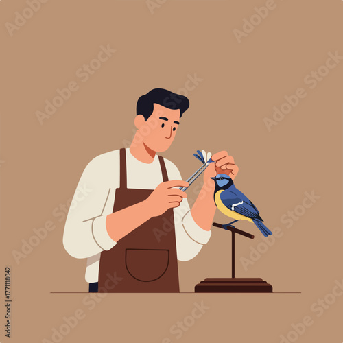 A person, wearing an apron, carefully works on a bird mounted on a stand, possibly a taxidermy project