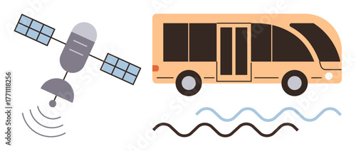 Satellite emitting signals to a smart bus, showcasing GPS navigation, connectivity, modern transportation. Ideal for technology, transportation, GPS tracking, innovation, communication logistics
