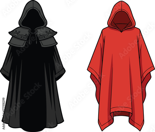 Cloak, robe, hooded cloak, ceremonial cloak, red robe, black cloak, costume design, fashion illustration, fantasy clothing, apparel template
