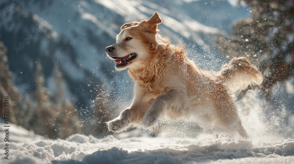Obraz premium Golden Retriever Joyfully Bounding Through Snow in Mountainous Winter Wonderland. Image made using Generative AI.