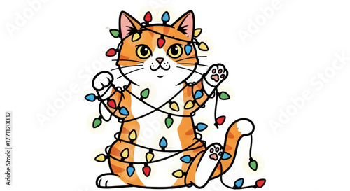 Cute ginger cartoon cat playfully tangled in colorful Christmas lights.