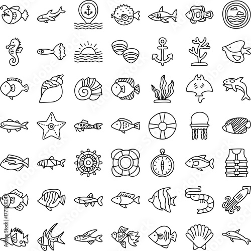 Ocean Icon Set – Hand Drawn Sea Life and Marine Symbol Collection with Fish, Coral, Shell, Starfish, Anchor, and Nautical Elements for Beach, Summer, and Underwater Design