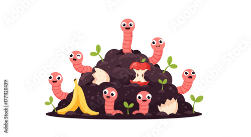 Cartoon illustration of worms around a compost pile with food scraps and sprouting plants against a white background.