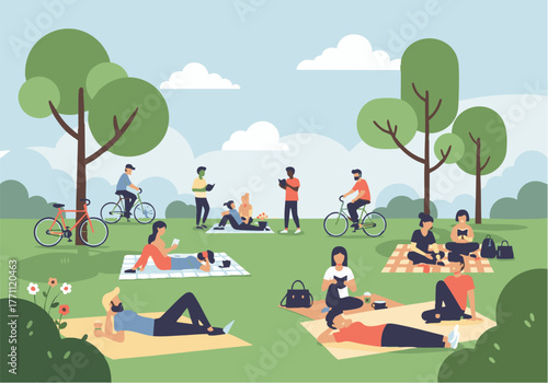 People relaxing and enjoying leisure activities in a park setting, including picnicking, reading, cycling, and using digital devices on a sunny day.