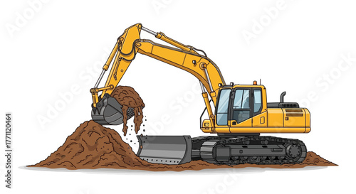 A yellow excavator digs into a pile of dirt with its bucket, while its blade rests on the ground.