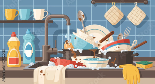 Overflowing kitchen sink filled with dirty dishes, pots, pans, and utensils, with dish soap bottles nearby.