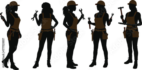 Construction worker silhouettes, handyman tools, hard hat, tool belt, work boots, hammer, wrench, screwdriver, skilled labor, tradespeople, craftsmanship