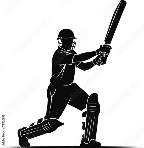 Silhouette of a cricketer batting in action