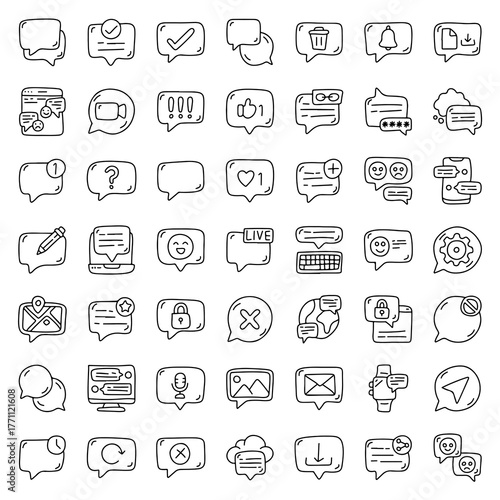 Chat Icon Set – Hand Drawn Messaging and Communication Symbols with Speech Bubbles, Notification, Emoji, Like, Comment, and Social Media Elements for App, Web, and UI Design