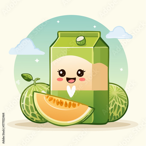 Cute cartoon melon juice carton with happy face, surrounded by fresh cantaloupe melons and a juicy slice.