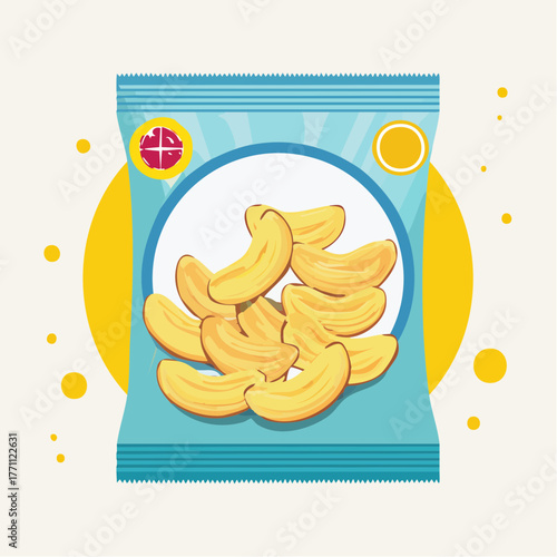 Illustration of a light blue snack bag filled with delicious yellow banana or plantain chips, set against a vibrant yellow circle and scattered dots.