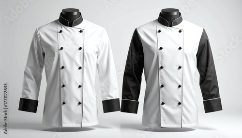Wallpaper Mural Classic black and white chef jackets displayed on mannequins, featuring modern double-breasted design, black buttons, and contrasting cuffs and collars. Torontodigital.ca