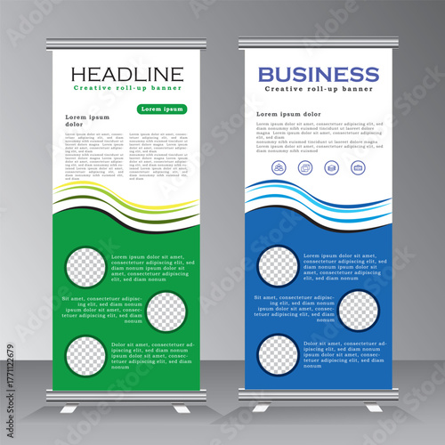 business roll up banner design, roll up banner template with geometric shape, three sections, three steps roll up banner, vertical banner template, vector eps 10