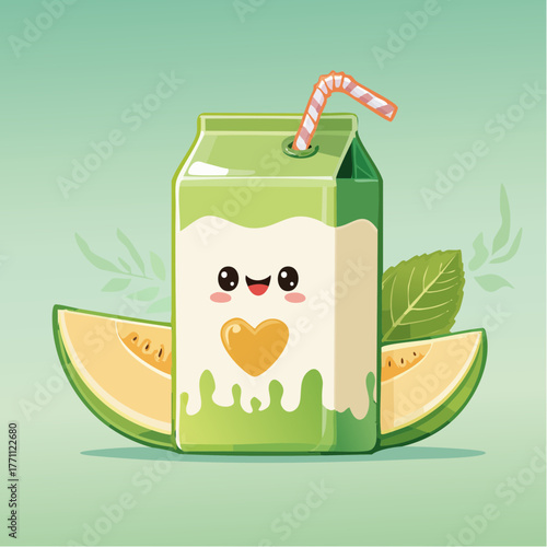 A cute cartoon carton of melon juice with a happy face and a heart, surrounded by melon slices and leaves.