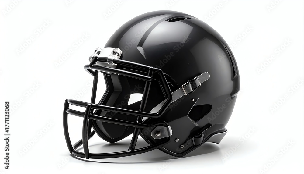 Fototapeta premium Black matte american football helmet sits isolated on white background, showcasing sleek modern design and sturdy protective faceguard detail.