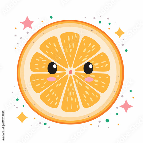 A cute, stylized illustration of a cheerful orange slice with rosy cheeks and sparkling stars.
